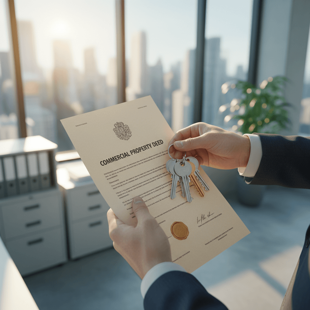 Property acquisition moment with keys and investment documents