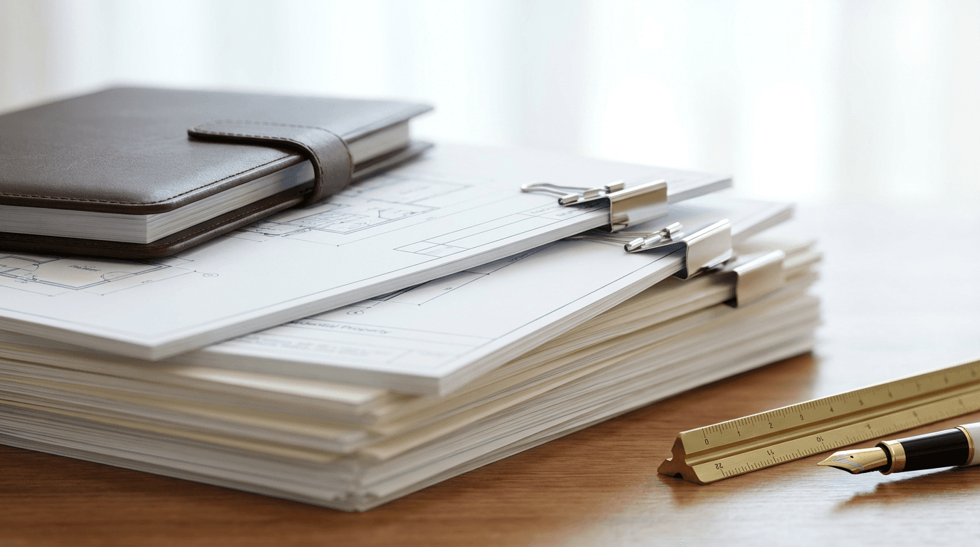 Architect and investor reviewing property development plans and financial documents at a wooden desk