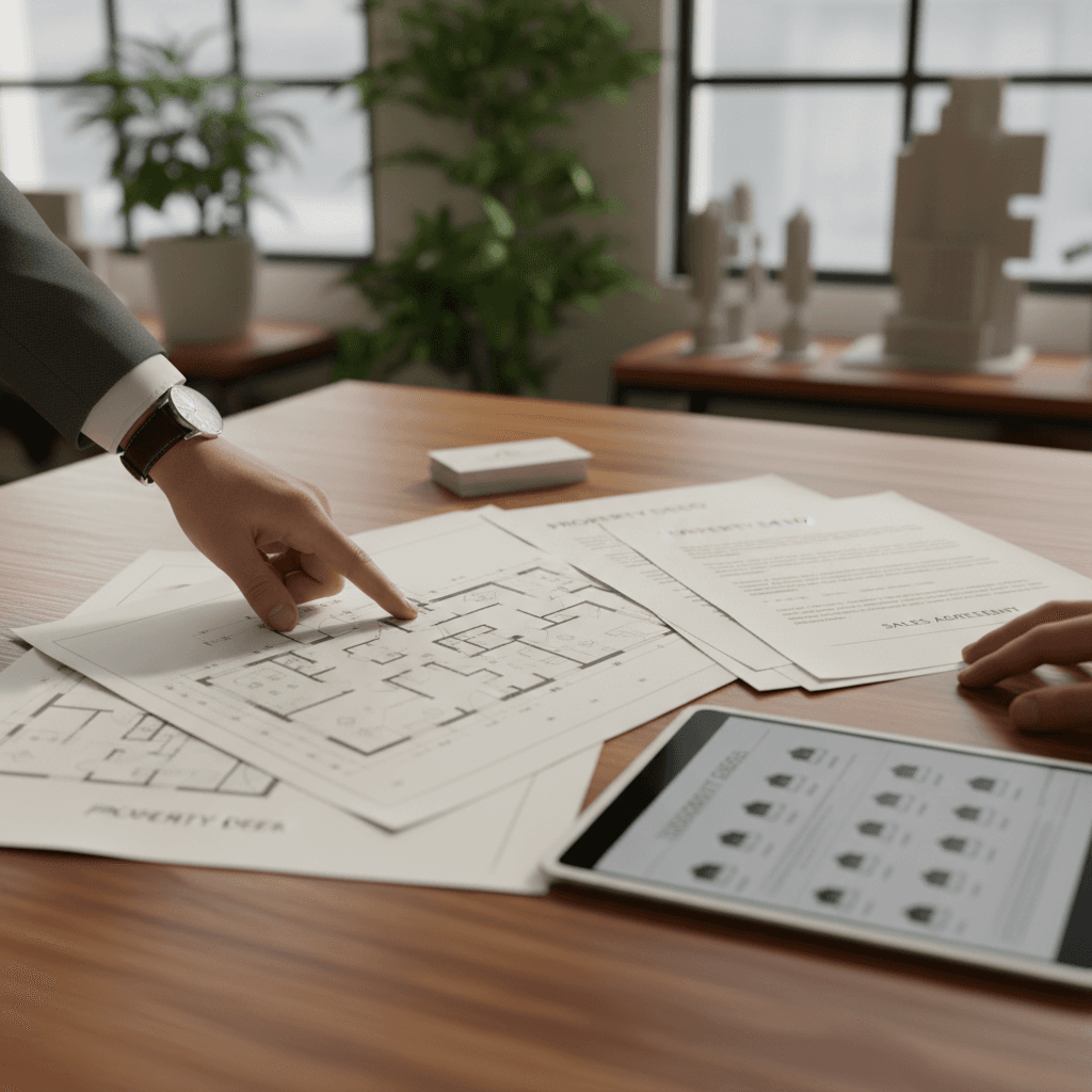 Real estate professional reviewing property investment documents at desk