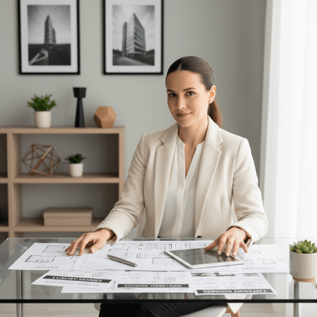 Real estate professional reviewing property documents and investment blueprints